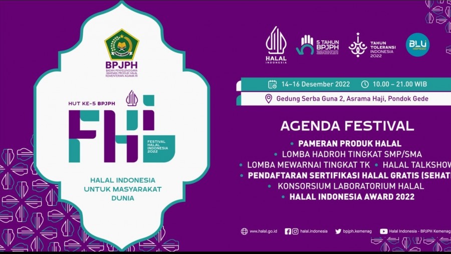 Badan Penyelenggara Jaminan Produk Halal (BPJPH) Kementerian Agama (Kemenag) akan menggelar Festival Halal Indonesia (FHI), di Asrama Haji Pondok Gede, Jakarta.