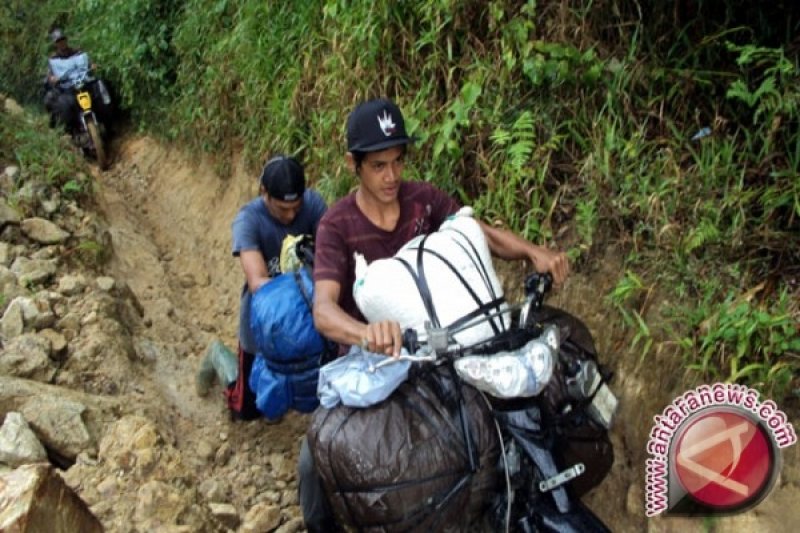 dok/ Beberapa pengojek berjuang menembus jalan setapak dan licin di dalam hutan untuk mengangkut barang-barang dari Desa Tongoa ke Manggalapi, Sabtu (9/6). ANTARA/Anas Massa

