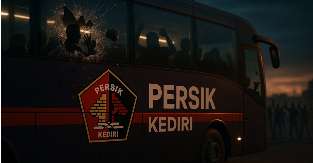 Foto ILUSTRASI : bus yang ditumpangi tim PERSIK Kediri diserang oknum suporter dengan lemparan batu saat keluar dari Stadion Kanjuruhan Malang.