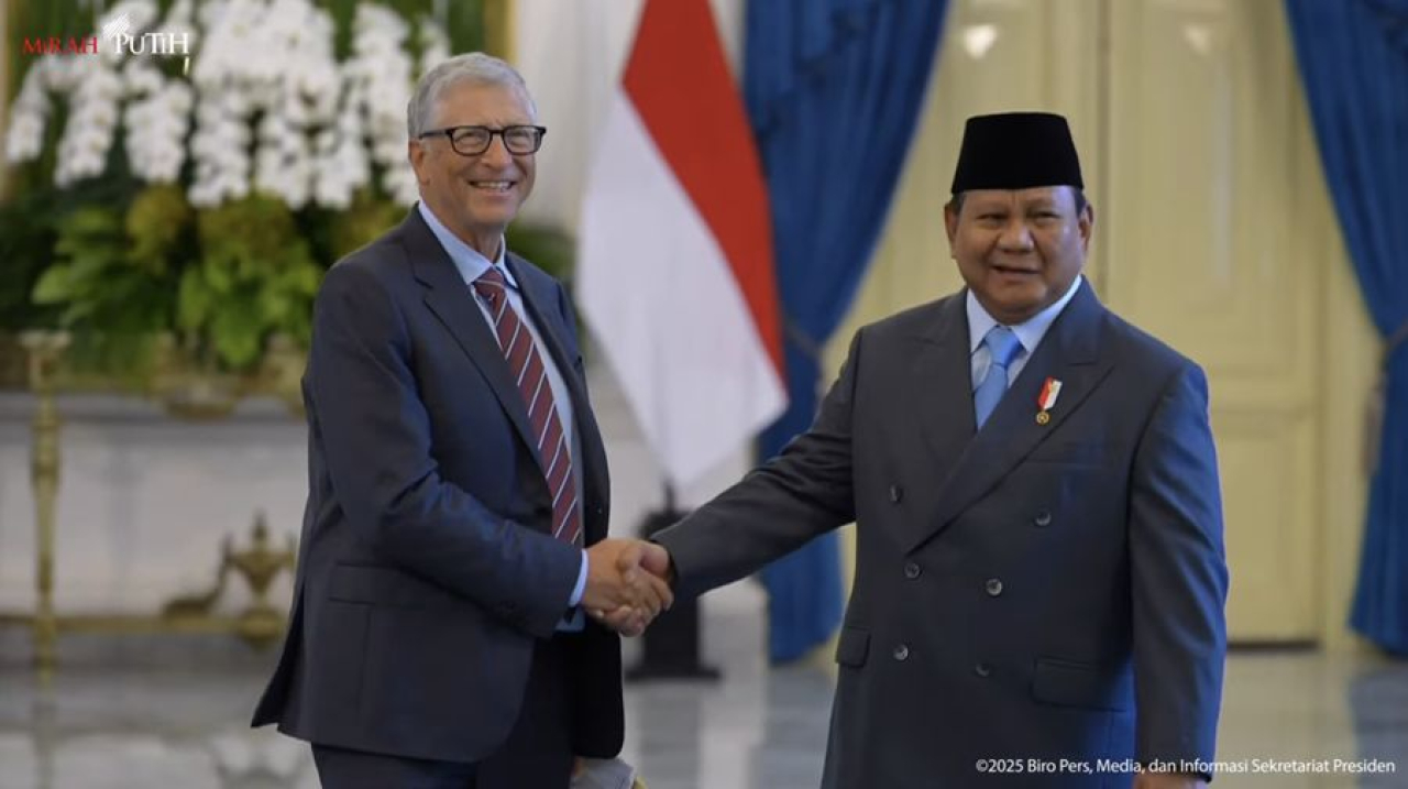 Pendiri Microsoft, Bill Gates saat bertemu dengan Presiden RI Prabowo Subianto di Istana Kepresidenan, Jakarta, Rabu (7/5/2025).