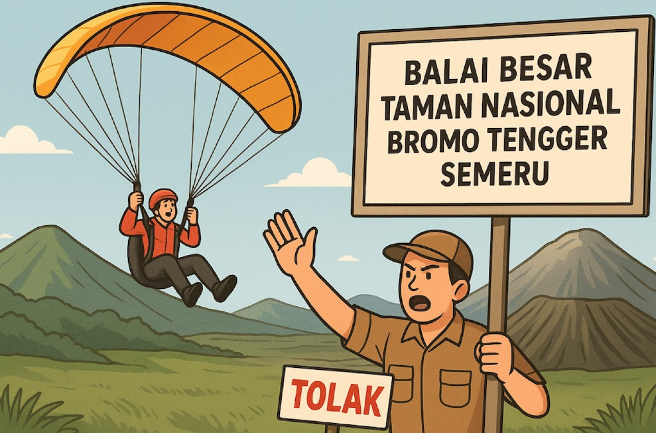 ILUSTRASI : Aktivitas paralayang ilegal yang sempat viral di kawasan Gunung Bromo akhirnya menuai penolakan keras dari Balai Besar Taman Nasional Bromo Tengger Semeru (BB TNBTS).