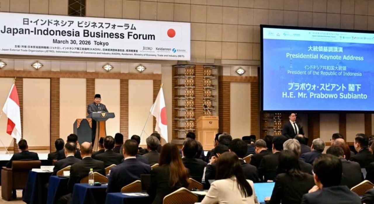 Presiden Republik Indonesia Prabowo Subianto menghadiri Forum Bisnis Indonesia-Jepang yang digelar di Imperial Hotel Tokyo pada Senin, 30 Maret 2026. Foto: BPMI Setpres/Laily Rachev