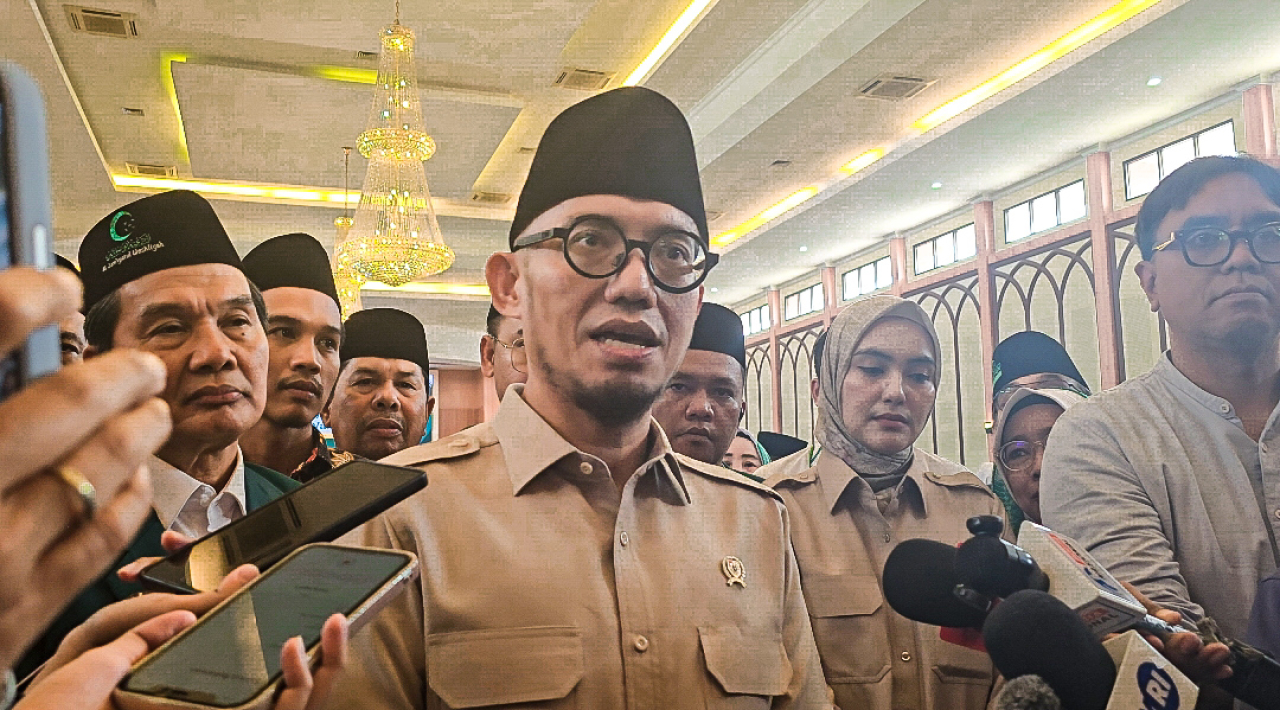 Wakil Menteri Haji dan Umrah RI Dahnil Anzar Simanjuntak saat menghadiri Muktamar XXIII Al Washliyah di Asrama Haji Kelas I Jakarta, Rabu (8/7).