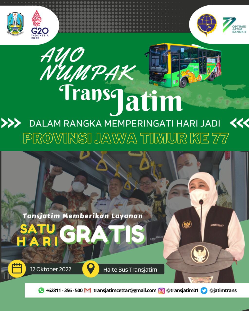 Di peringatan HUT Provinsi Jatim yang ke 77 yang jatuh besok Rabu (12/10) dan memperingati Hari Pahlawan 10 November 2022 mendatang, layanan Bus Trans Jatim diberikan secara gratis