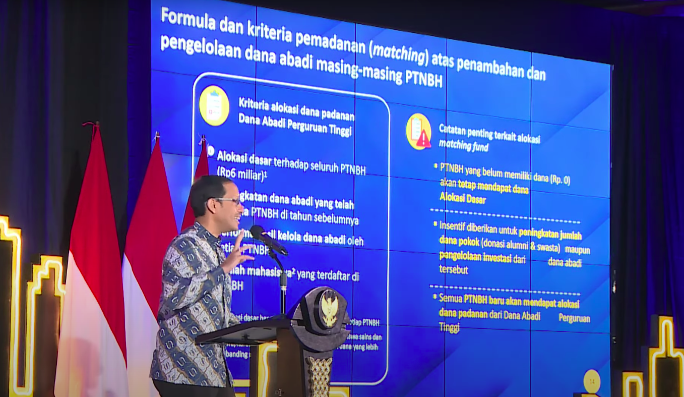 Mendikbud Nadiem Makarim pada Peluncuran Merdeka Belajar Episode ke-21: Dana Abadi Perguruan Tinggi, di Kantor Kemendikbud, Jakarta, Senin (27/06/2022). (Sumber: Tangkapan Layar)


