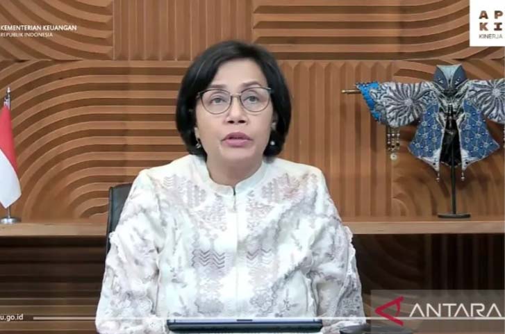 Tangkapan layar Menteri Keuangan Sri Mulyani dalam konferensi pers daring, Seniin (22/5/2023). (ANTARA/Sanya Dinda)
