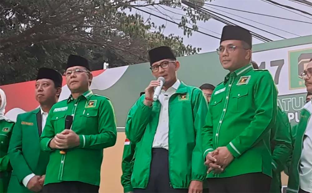 Menteri Pariwisata dan Ekonomi Kreatif Sandiaga Salahuddin Uno saat konferensi pers di Kantor DPP Partai Persatuan Pembangunan (PPP), Jakarta Pusat, Rabu (14/6/2023). (ANTARA/Narda Margaretha Sinambela)

