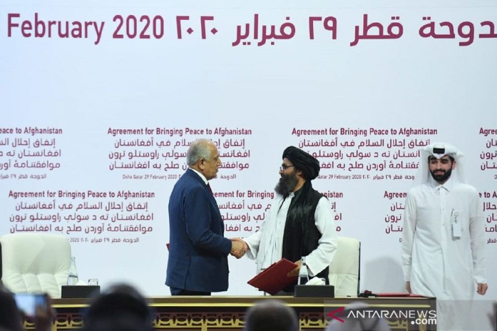 Penandatanganan Kesepakatan untuk Perdamaian Afghanistan atau Comprehensive Peace Agreement (CPA) antara Amerika Serikat dan Taliban di Doha, Qatar, Sabtu (29/2/2020). ANTARA/HO Kemlu RI/am.