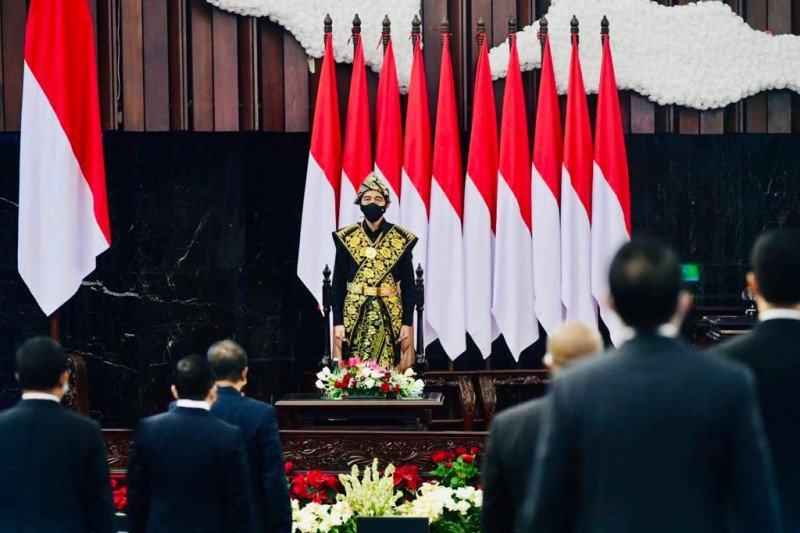 Presiden Jokowi pada Sidang Tahunan MPR-RI dan Sidang Bersama DPR-RI dan DPD-RI tahun 2020 di Gedung MPR/DPR, Jakarta, Jumat (14/8). (Muchlis Jr - Biro Pers Sekretariat Presiden)