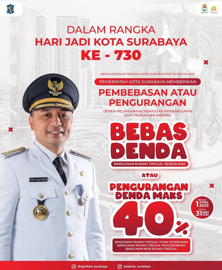 Menjelang peringatan Hari Jadi Kota Surabaya (HJKS) ke-730, Pemerintah Kota (Pemkot) Surabaya memberikan insentif berupa pembebasan atau pengurangan denda pelaksanaan kemajuan pembangunan di lapangan pada saat pengajuan Izin Mendirikan Bangunan (IMB) atau