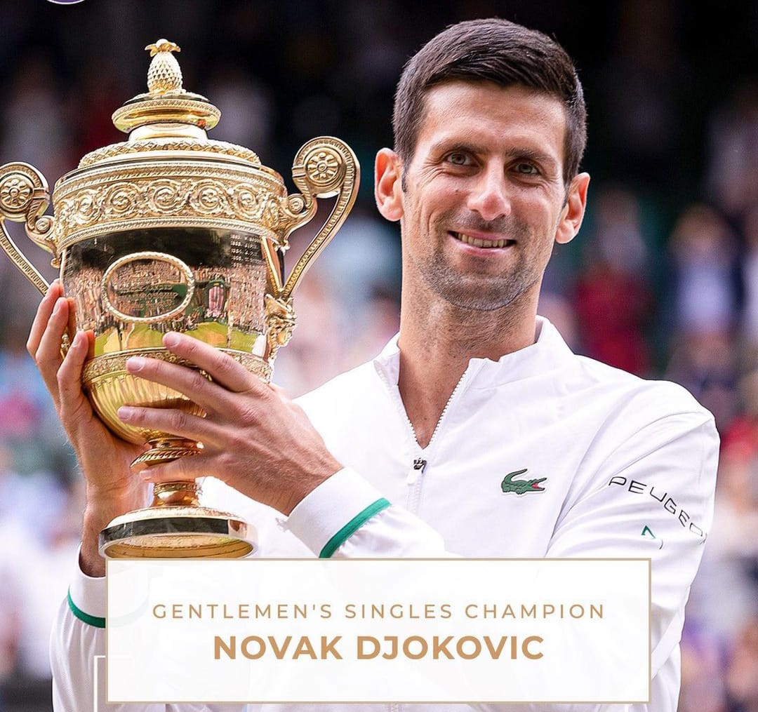 Novak Djokovic memenangkan gelar Grand Slam ke-20 menyamani Roger Federer dan Rafael Nadal. WIMBLEDON