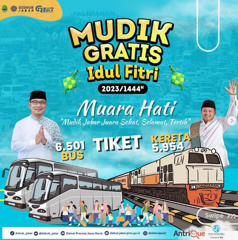 Pemda Provinsi Jawa Barat melalui Dinas Perhubungan Jabar akan menyelenggarakan program mudik gratis pada masa Lebaran 2023 bagi masyarakat Jabar. Direncanakan program mudik gratis dimulai tanggal 15-18 April 2023. 


